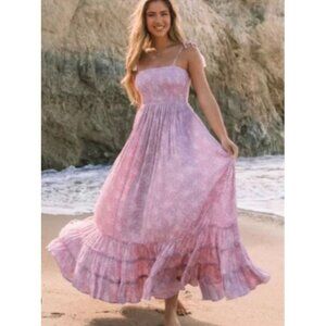 Olia Bradlea Smocked Tassel Tie Shoulders Maxi Dress Women size Medium